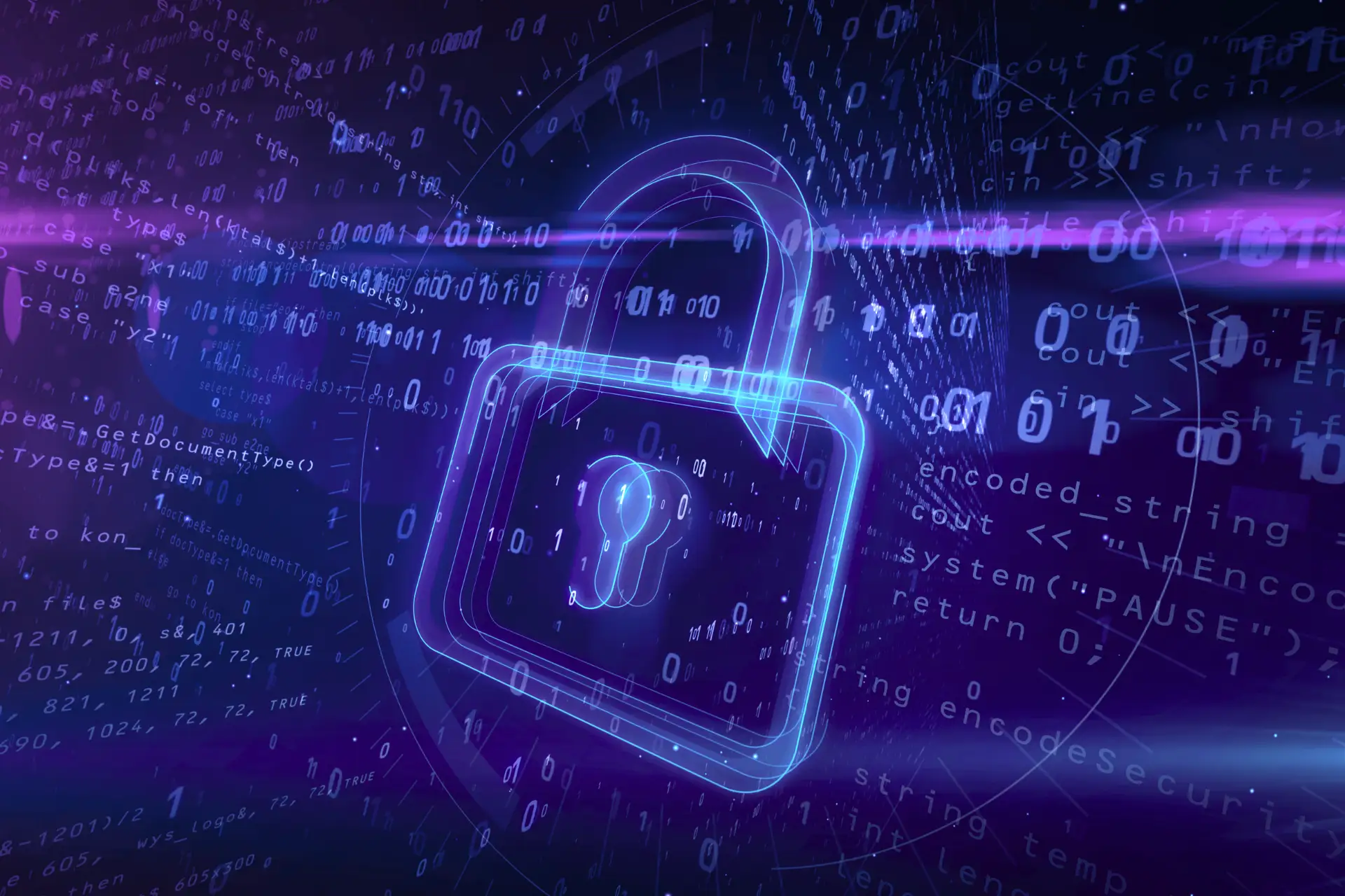 Cyber threats - digital lock against binary code background