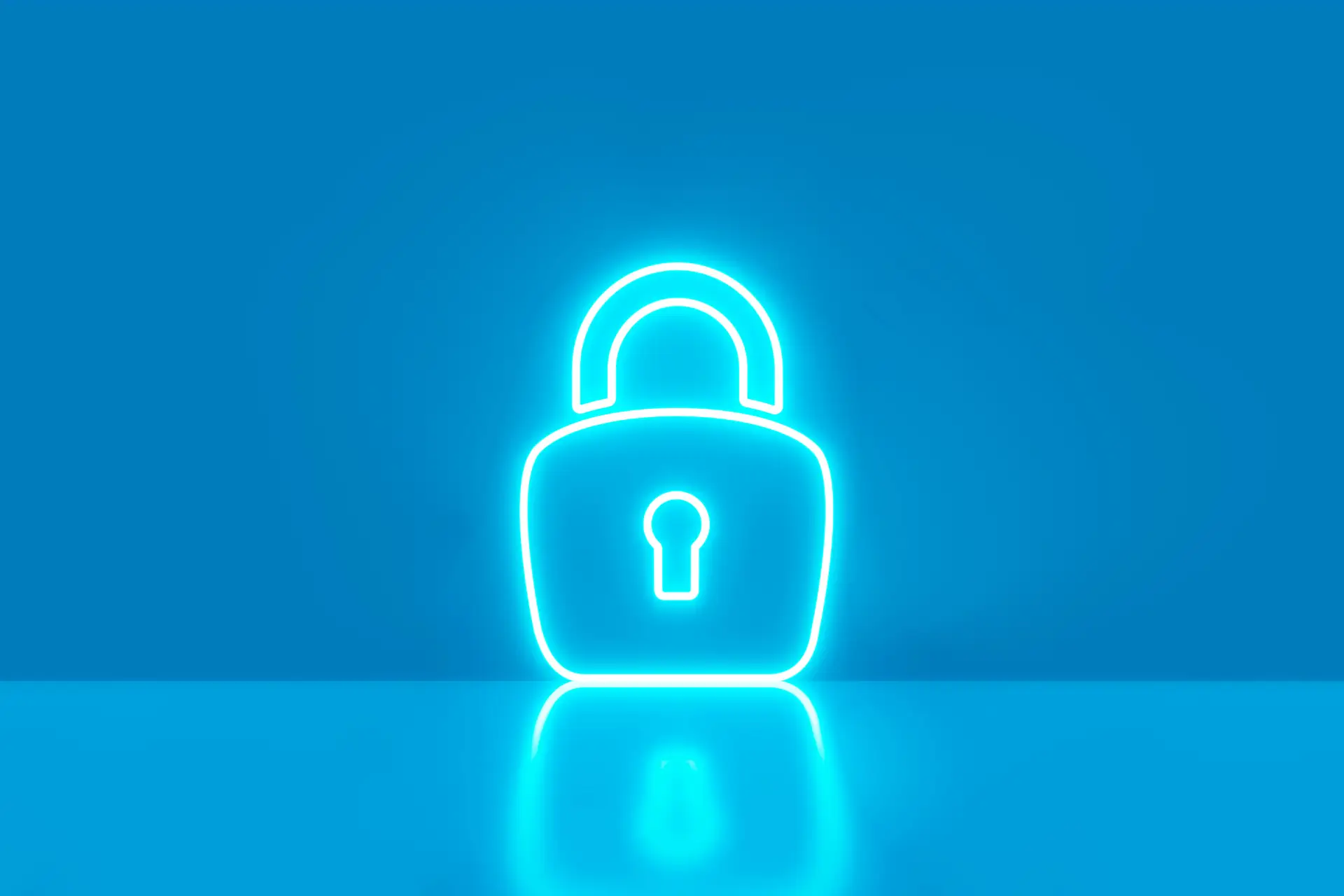neon light blue padlock against neon blue background