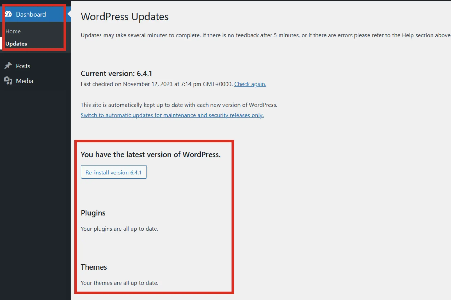 WordPress dashboard for updates
