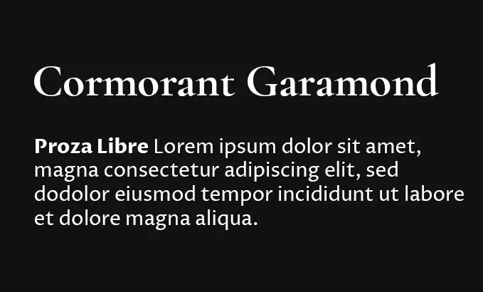 Font combinations demo of Cormorant Garamond font as heading and Proza Libre as body text.