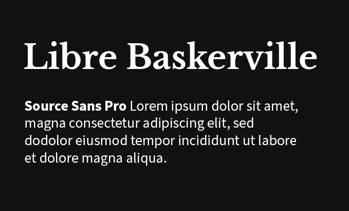 Font combinations demo of Libre Baskerville font as heading and Source Sans Pro as body text.